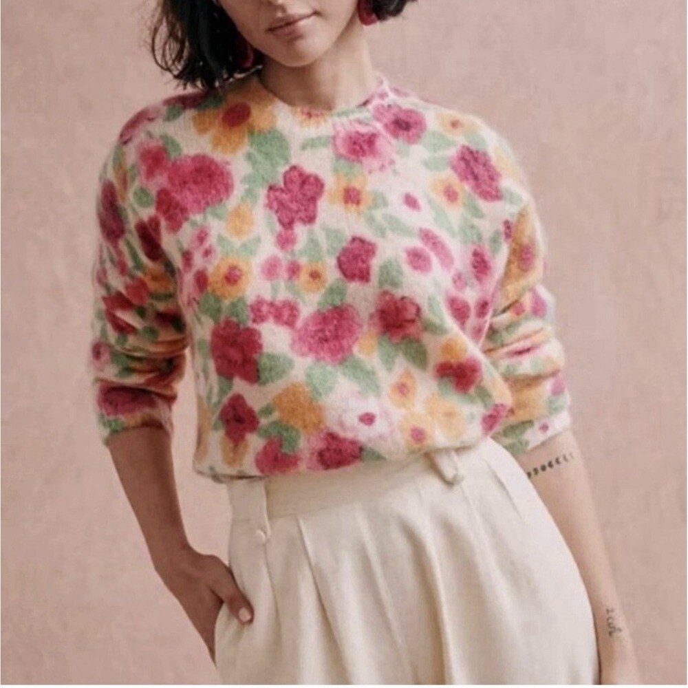 Sezane Floral Lila Jumper Crew Sweater Wool Mohair Knit Preppy Coquette Medium